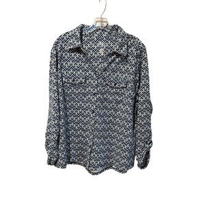 Croft & Barrow Button Down 1X Blue Teal White Pattern Long Sleeve Shirt Women